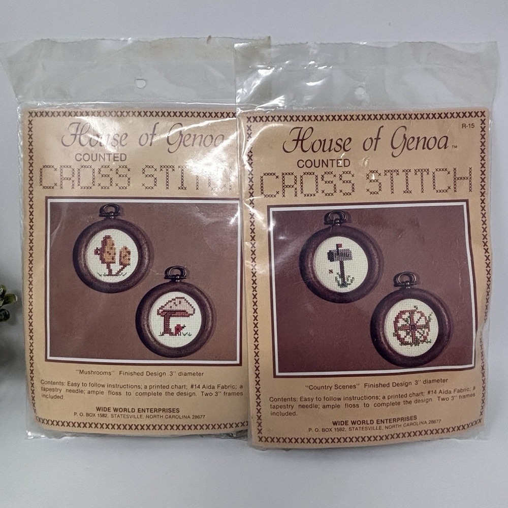 House Of Genoa Counted Cross Stitch Mushrooms & Mailboxes 3" Tapestries Set Of 2